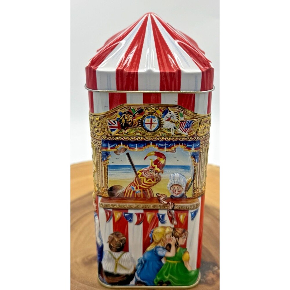 Churchill's The Puppet Show Punch & Judy Money Bank Box Circus Tin Metal 3-D 7"